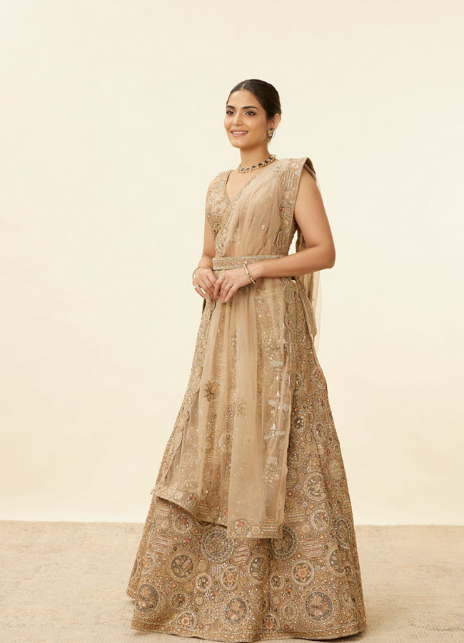 alt message - Mohey Women Biscuit Beige Moti Work Lehenga image number 2