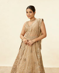 Mohey Women Biscuit Beige Moti Work Bridal Lehenga