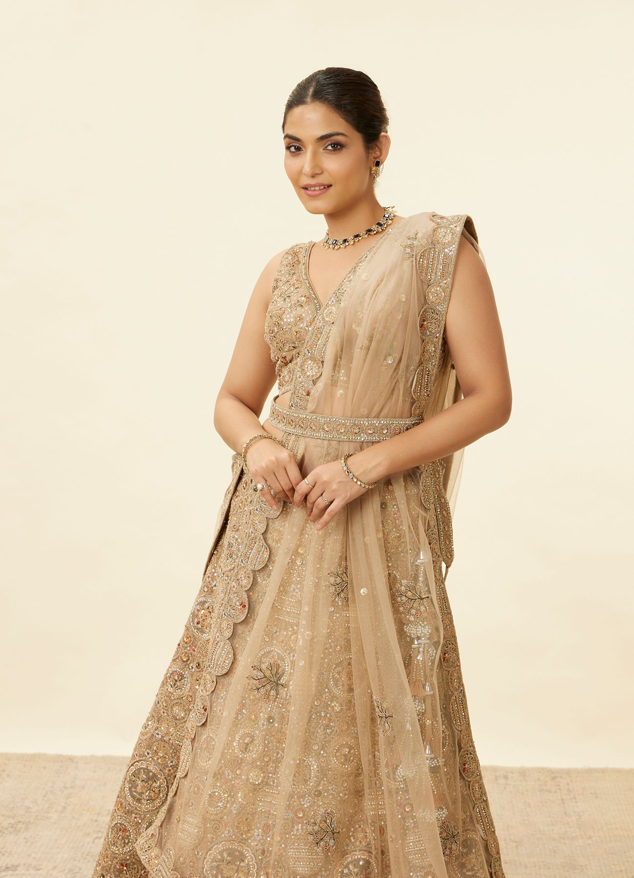 Mohey Women Biscuit Beige Moti Work Bridal Lehenga