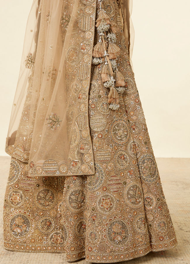 Mohey Women Biscuit Beige Moti Work Bridal Lehenga