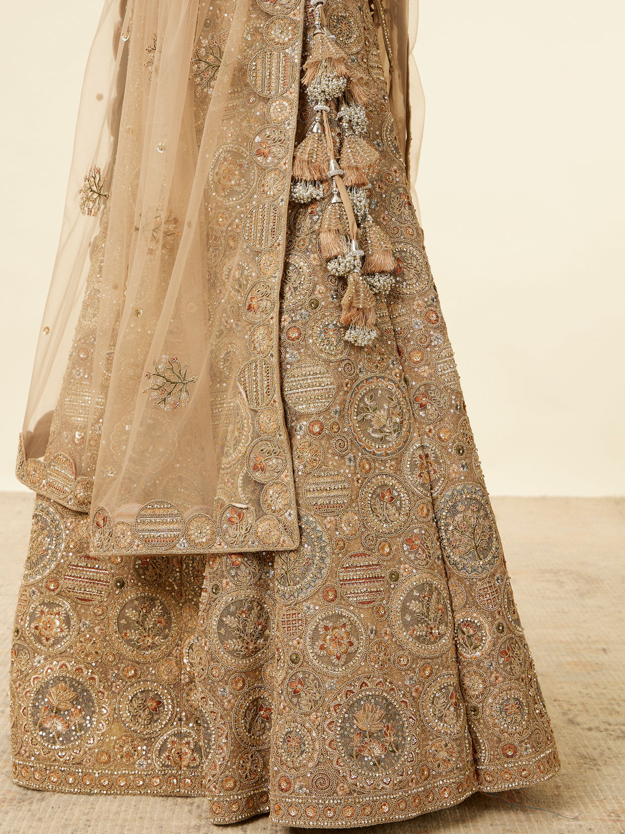 Mohey Women Biscuit Beige Moti Work Bridal Lehenga