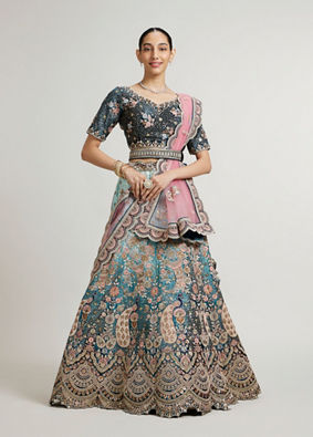 Mohey Women Teal Blue Aari Embroidered Bridal Lehenga with Imperial, Floral & Peacock Motifs image number 0