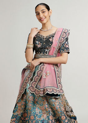 Mohey Women Stellar Blue Embroidered Lehenga with Imperial, Floral And Peacock Motifs