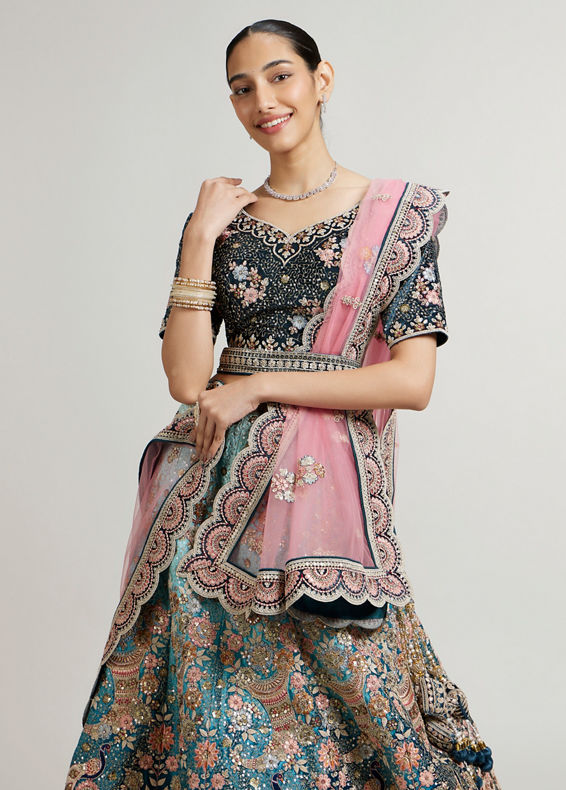 Mohey Women Teal Blue Aari Embroidered Lehenga with Imperial, Floral and Peacock Motifs