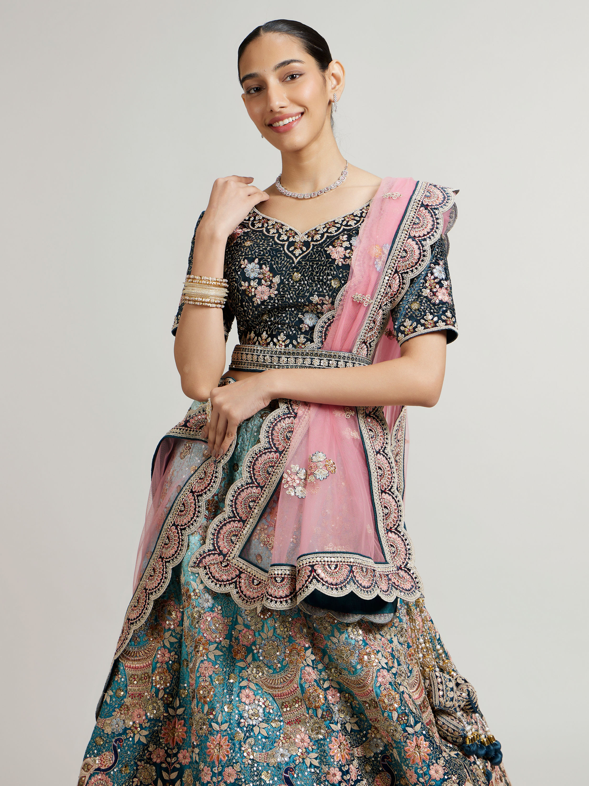 Mohey Women Teal Blue Aari Embroidered Lehenga with Imperial, Floral and Peacock Motifs