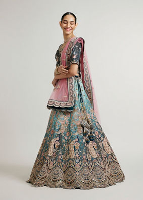 Mohey Women Teal Blue Aari Embroidered Bridal Lehenga with Imperial, Floral & Peacock Motifs image number 2