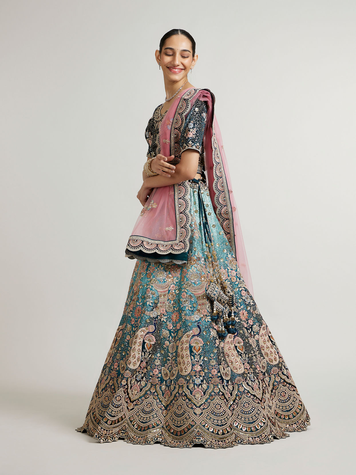 Mohey Women Teal Blue Aari Embroidered Lehenga with Imperial, Floral And Peacock Motifs