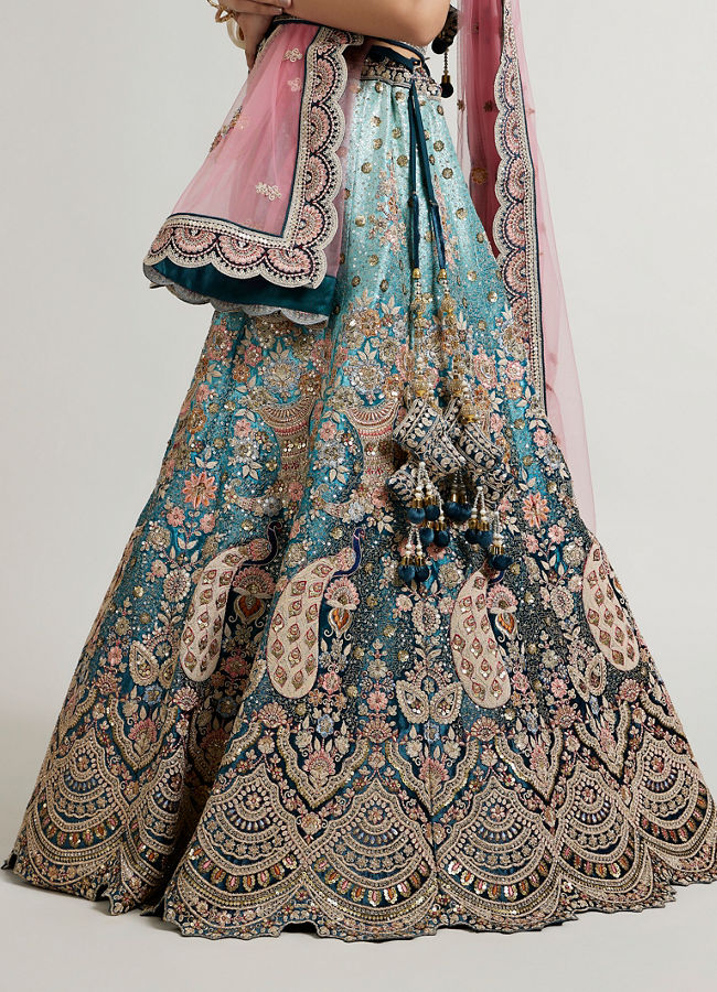 Mohey Women Teal Blue Aari Embroidered Lehenga with Imperial, Floral And Peacock Motifs