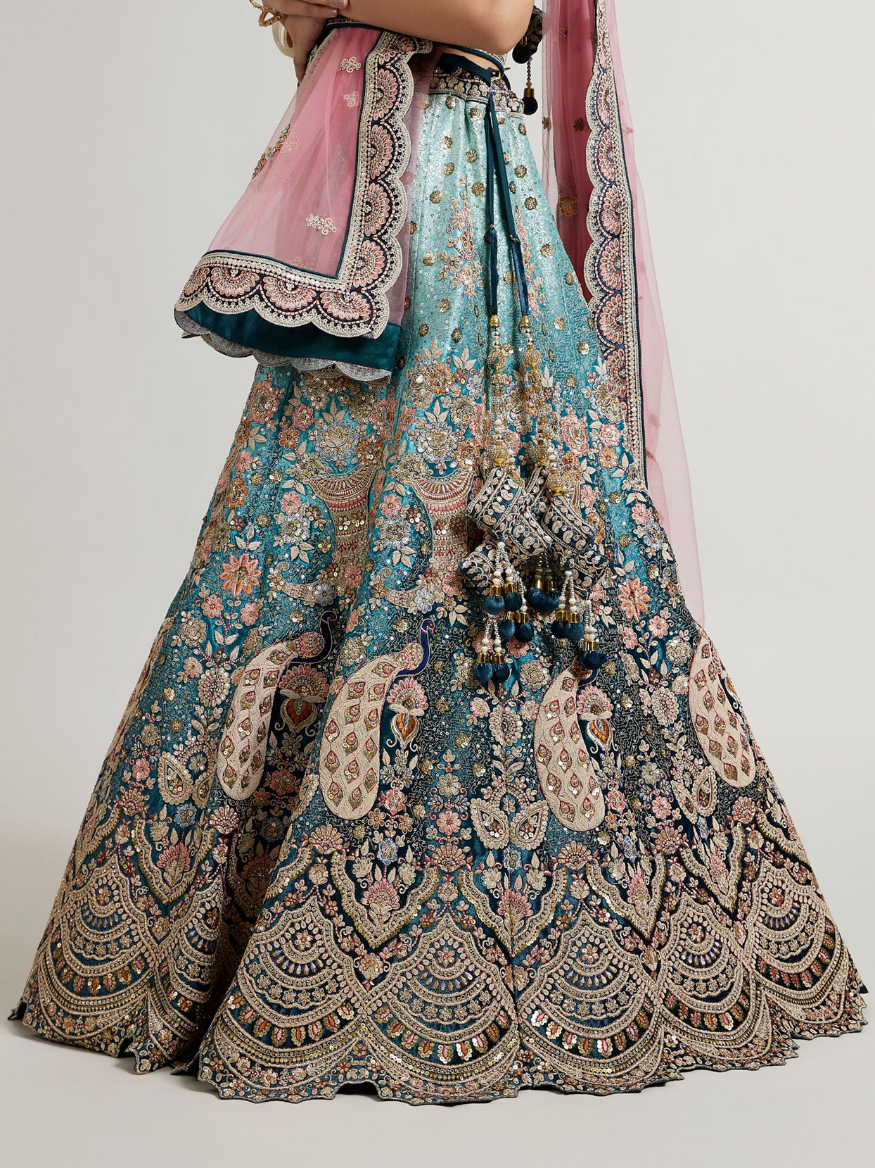 Mohey Women Teal Blue Aari Embroidered Lehenga with Imperial, Floral And Peacock Motifs