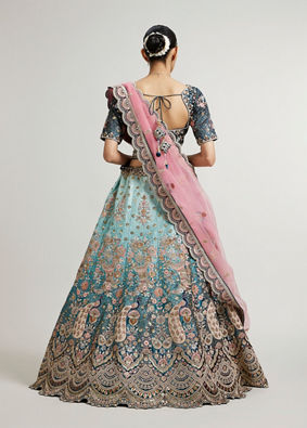 Mohey Women Teal Blue Aari Embroidered Bridal Lehenga with Imperial, Floral & Peacock Motifs image number 5