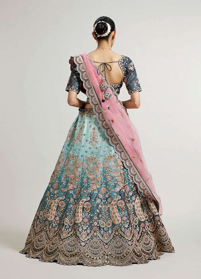 Mohey Women Teal Blue Aari Embroidered Lehenga with Imperial, Floral And Peacock Motifs