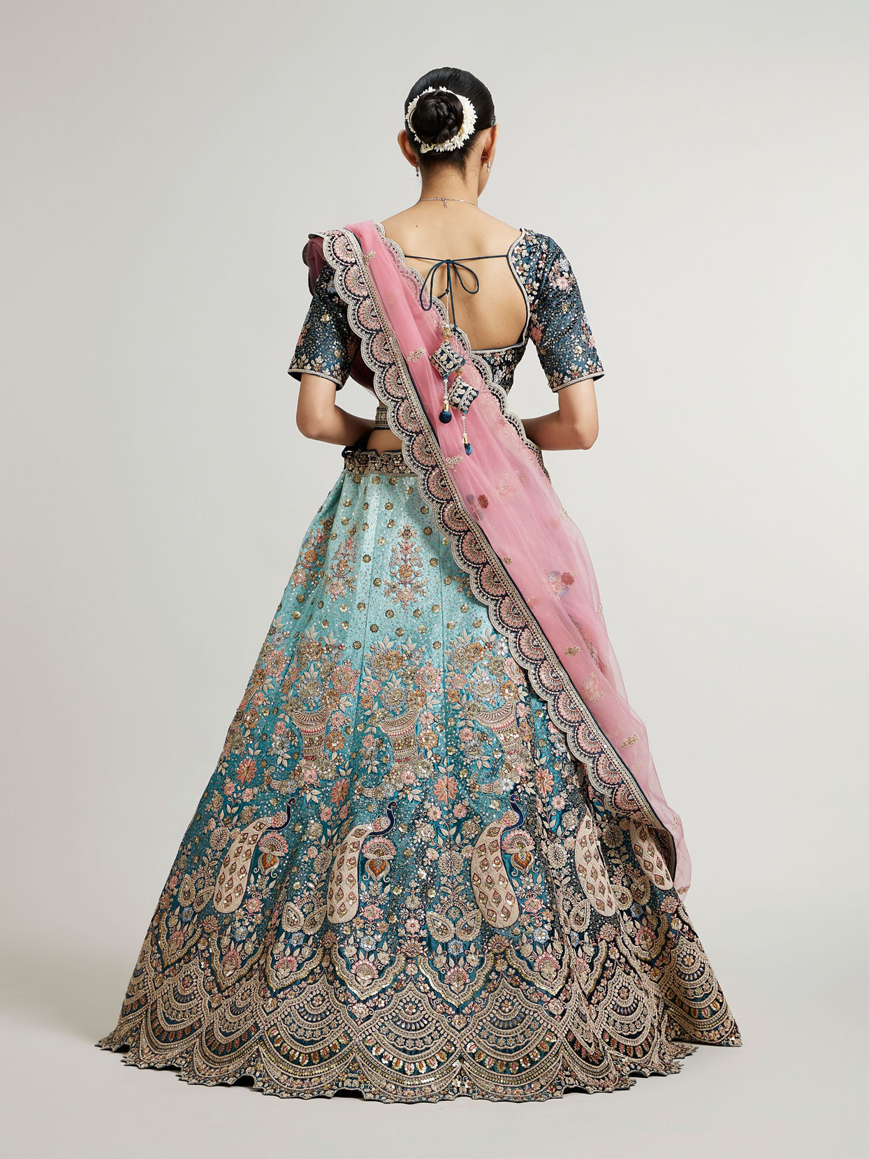 Mohey Women Teal Blue Aari Embroidered Lehenga with Imperial, Floral And Peacock Motifs