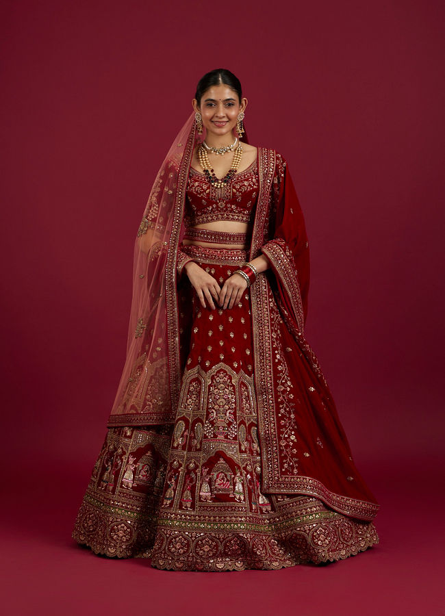 Mohey Women Intricate Embroidered Red Bridal Lehenga image number 0