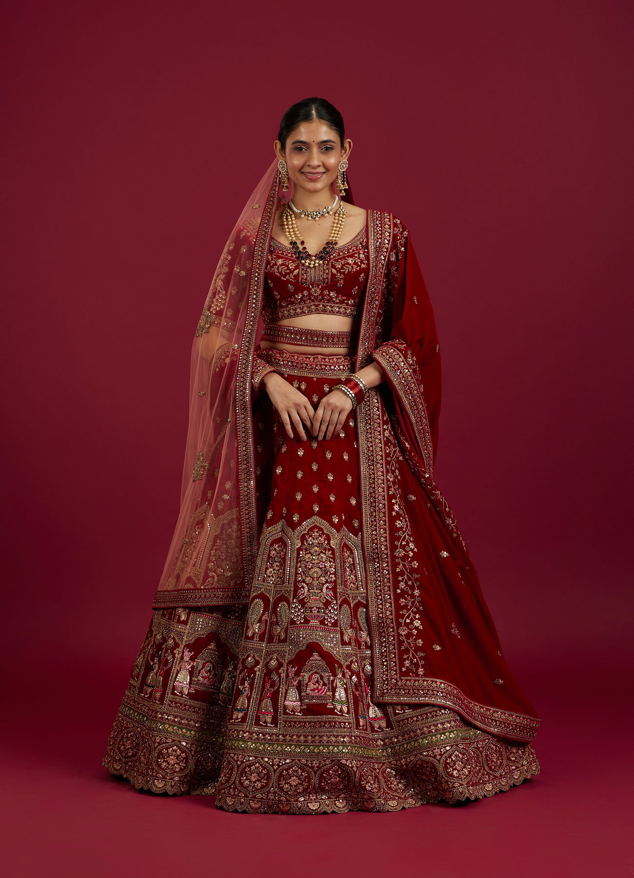 Mohey Women Intricate Embroidered Red Bridal Lehenga