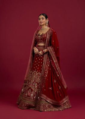 Mohey Women Intricate Embroidered Red Bridal Lehenga image number 2