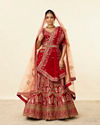 alt message - Mohey Women Intricate Embroidered Red Bridal Lehenga image number 0