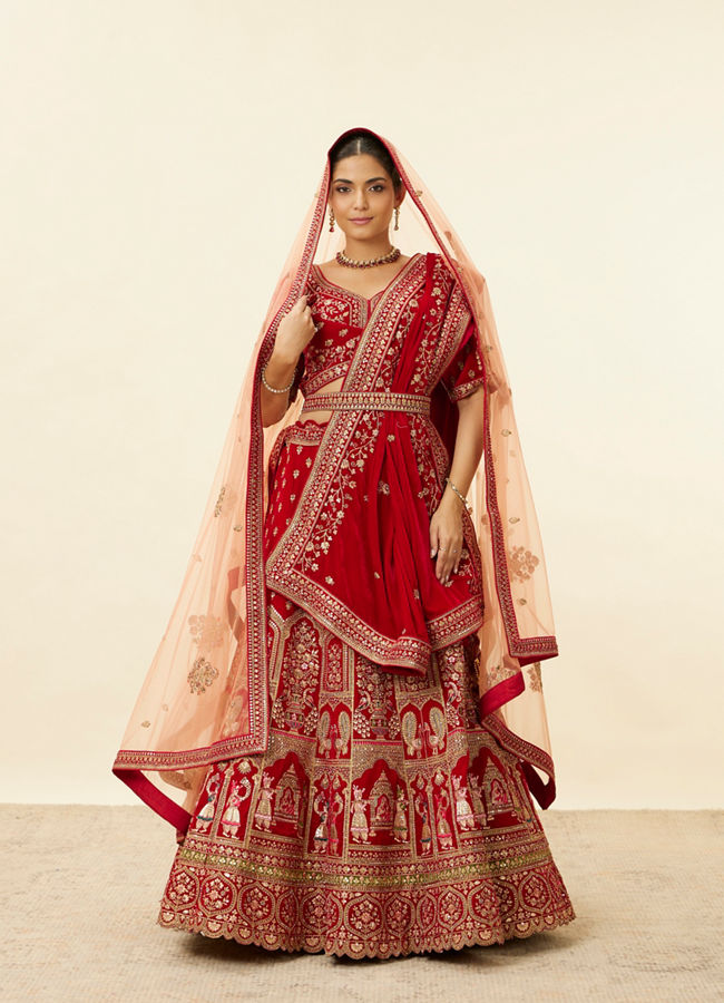 alt message - Mohey Women Intricate Embroidered Red Bridal Lehenga image number 0