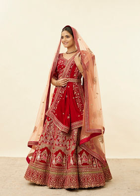 alt message - Mohey Women Intricate Embroidered Red Bridal Lehenga image number 2