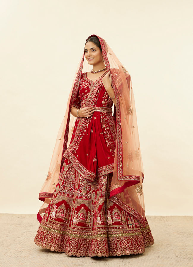 alt message - Mohey Women Intricate Embroidered Red Bridal Lehenga image number 2