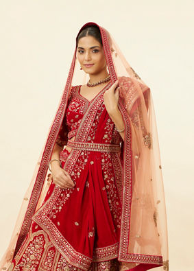 alt message - Mohey Women Intricate Embroidered Red Bridal Lehenga image number 1