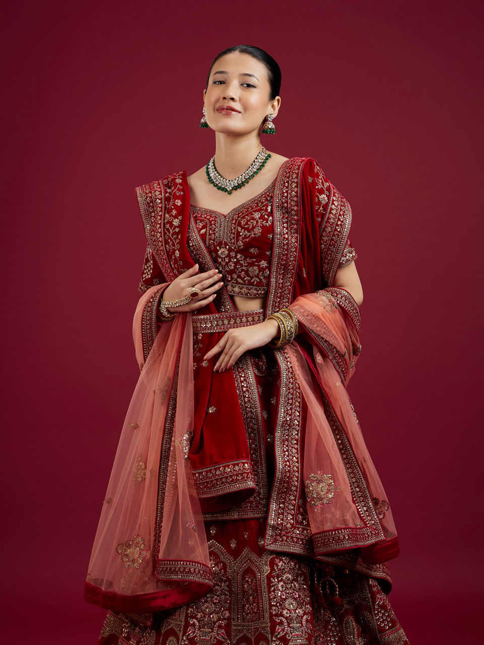 Mohey Women Intricate Embroidered Red Bridal Lehenga