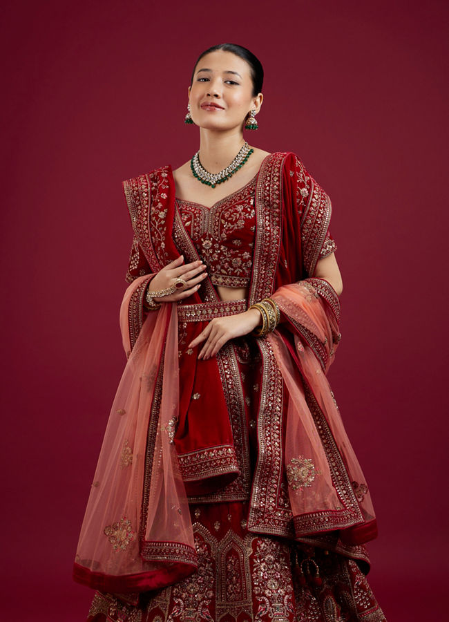 Mohey Women Intricate Embroidered Red Bridal Lehenga