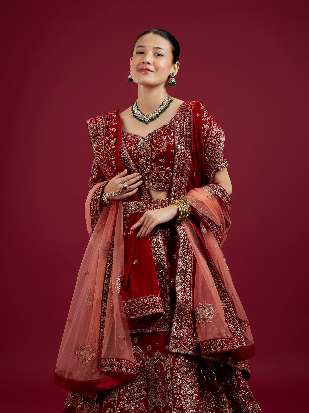 Mohey Women Intricate Embroidered Red Bridal Lehenga