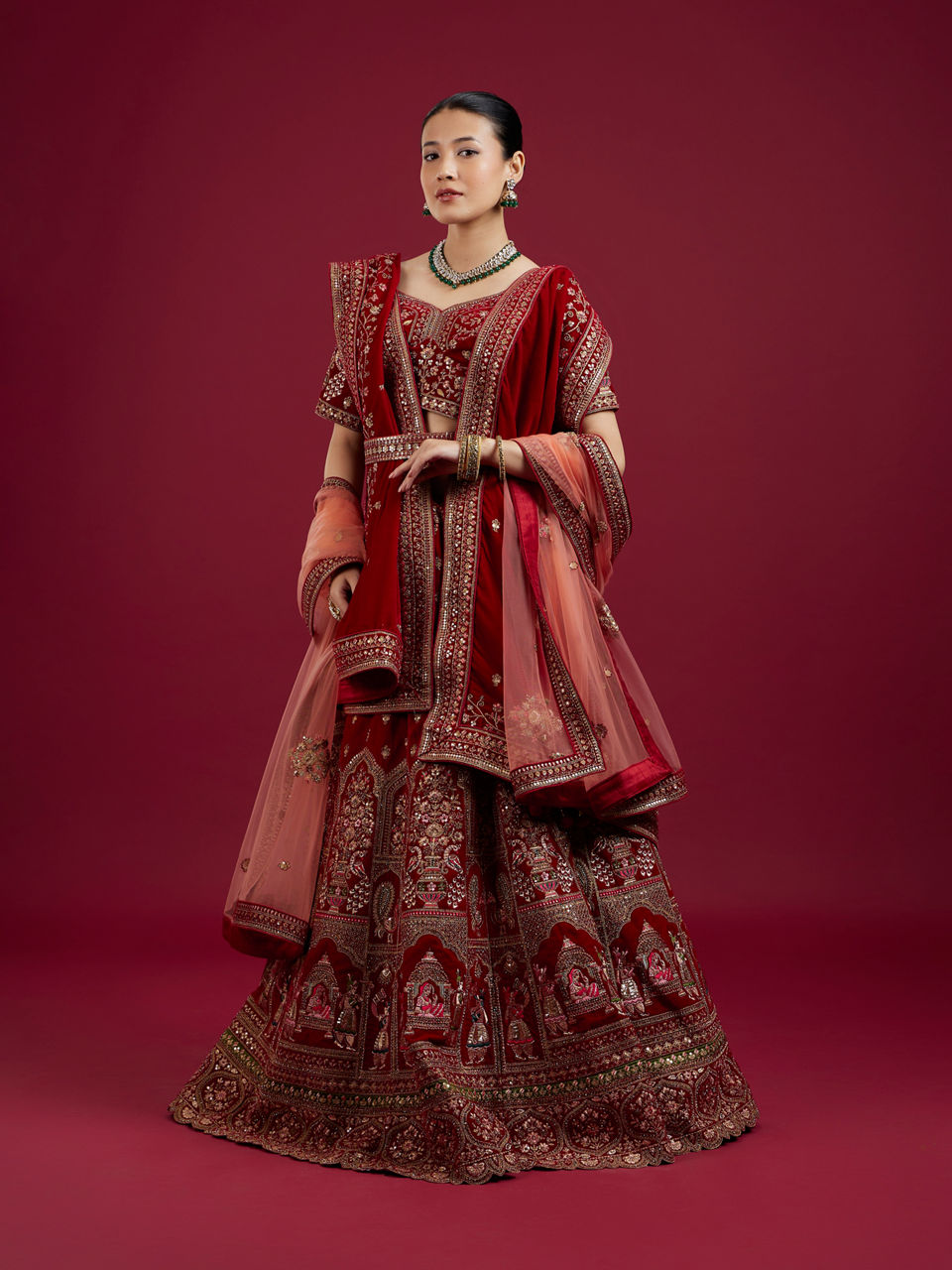 Mohey Women Intricate Embroidered Red Bridal Lehenga