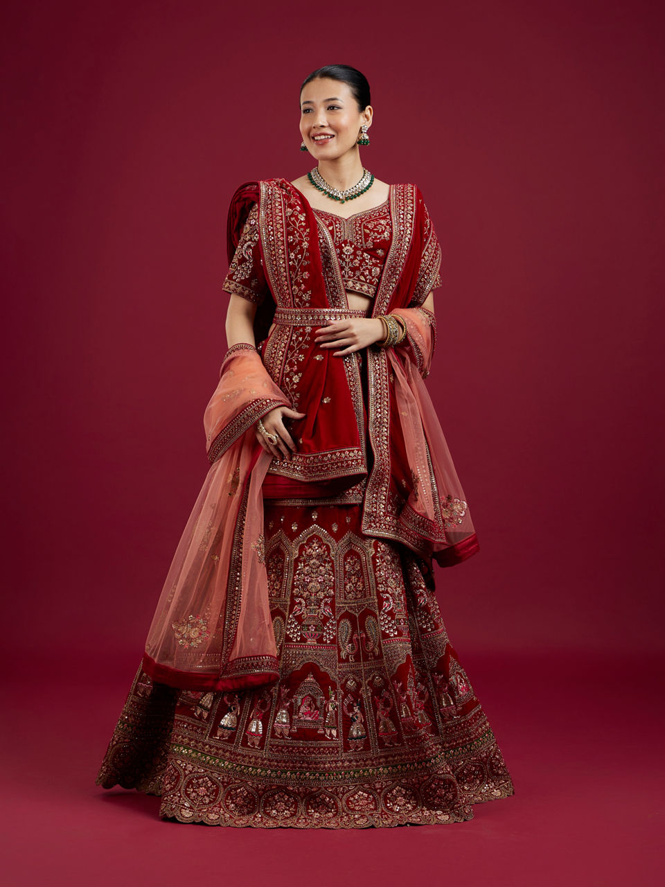 Mohey Women Intricate Embroidered Red Bridal Lehenga