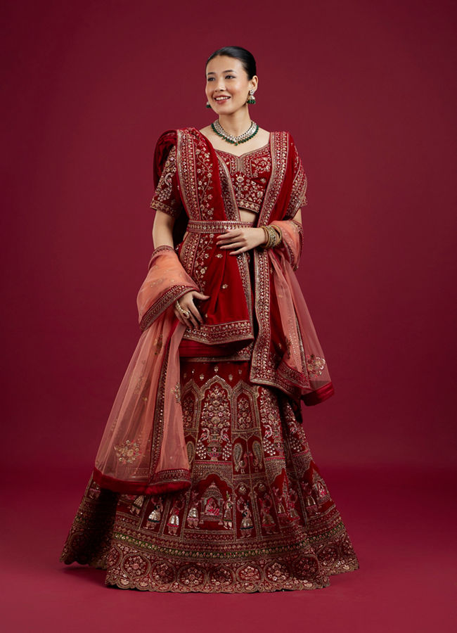 Mohey Women Intricate Embroidered Red Bridal Lehenga