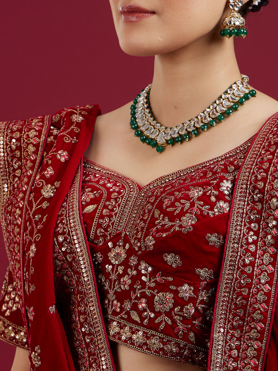 Mohey Women Intricate Embroidered Red Bridal Lehenga