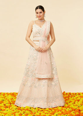 Mohey Women Cream Pink Floral Embroidered Lehanga