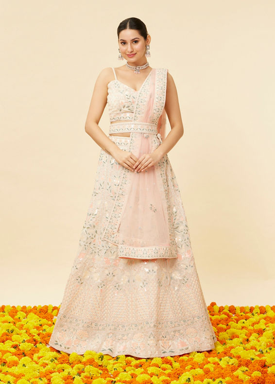 Mohey Women Cream Pink Floral Embroidered Lehanga
