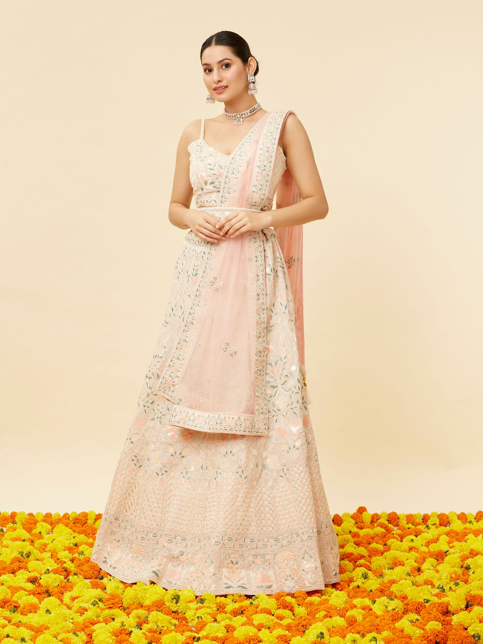 Mohey Women Cream Pink Floral Embroidered Lehanga