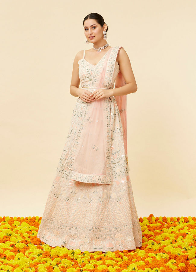 Mohey Women Cream Pink Floral Embroidered Lehanga