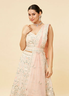 Mohey Women Cream Pink Floral Embroidered Lehanga
