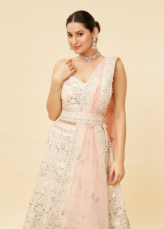 Mohey Women Cream Pink Floral Embroidered Lehanga