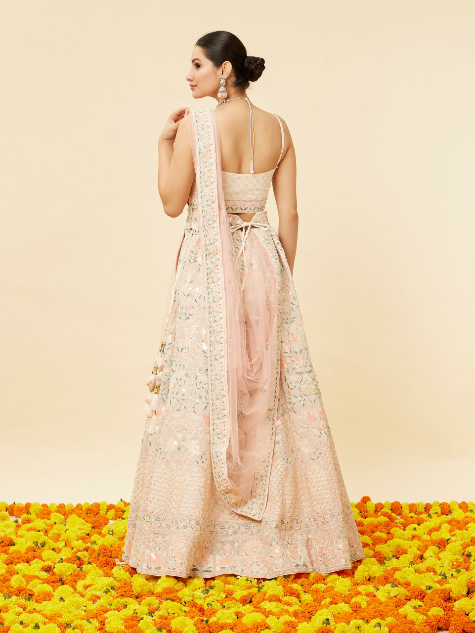 Mohey Women Cream Pink Floral Embroidered Lehanga