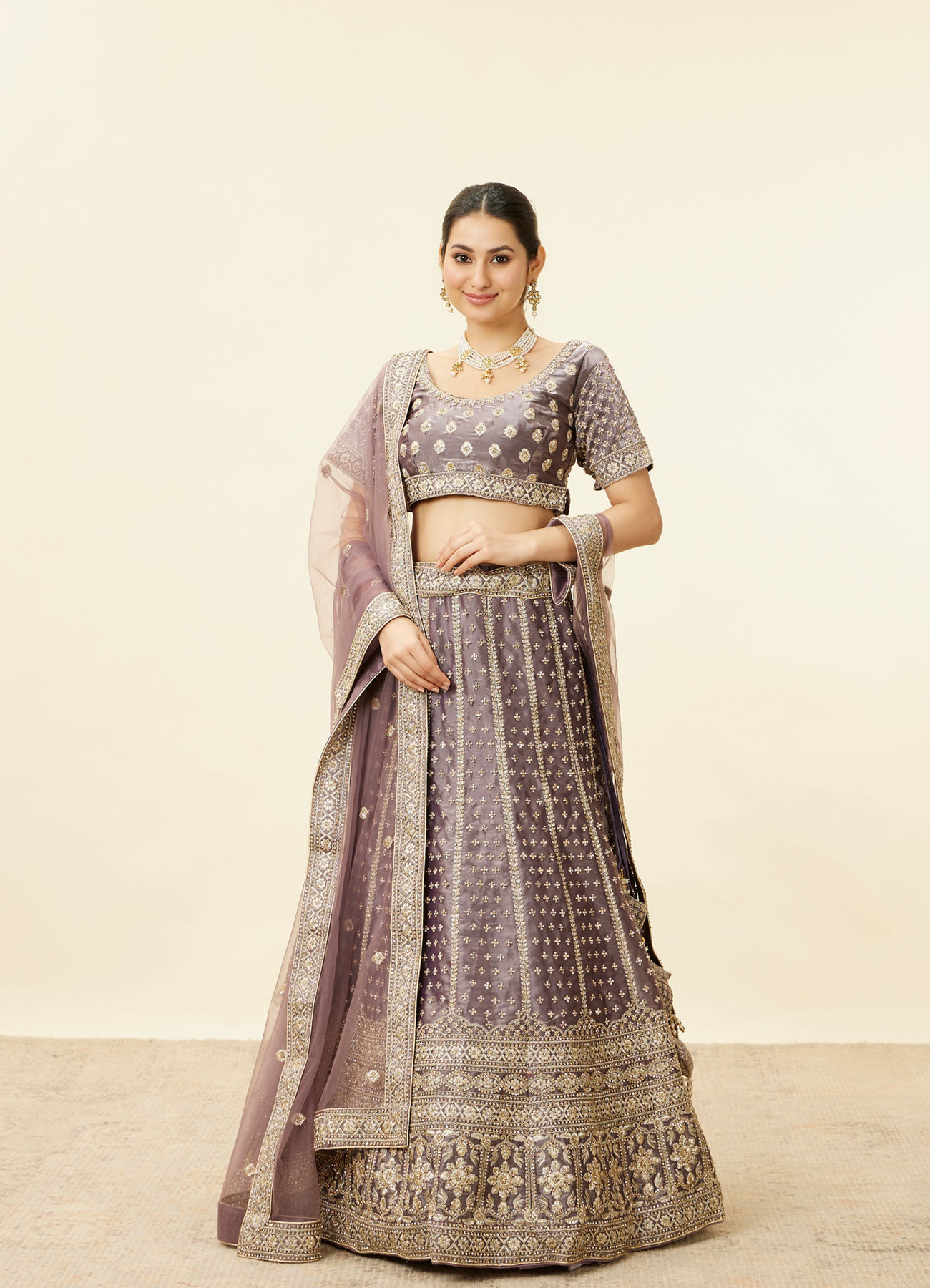 Mohey Women Mauve Purple Aari Embroidered Bridal Lehenga