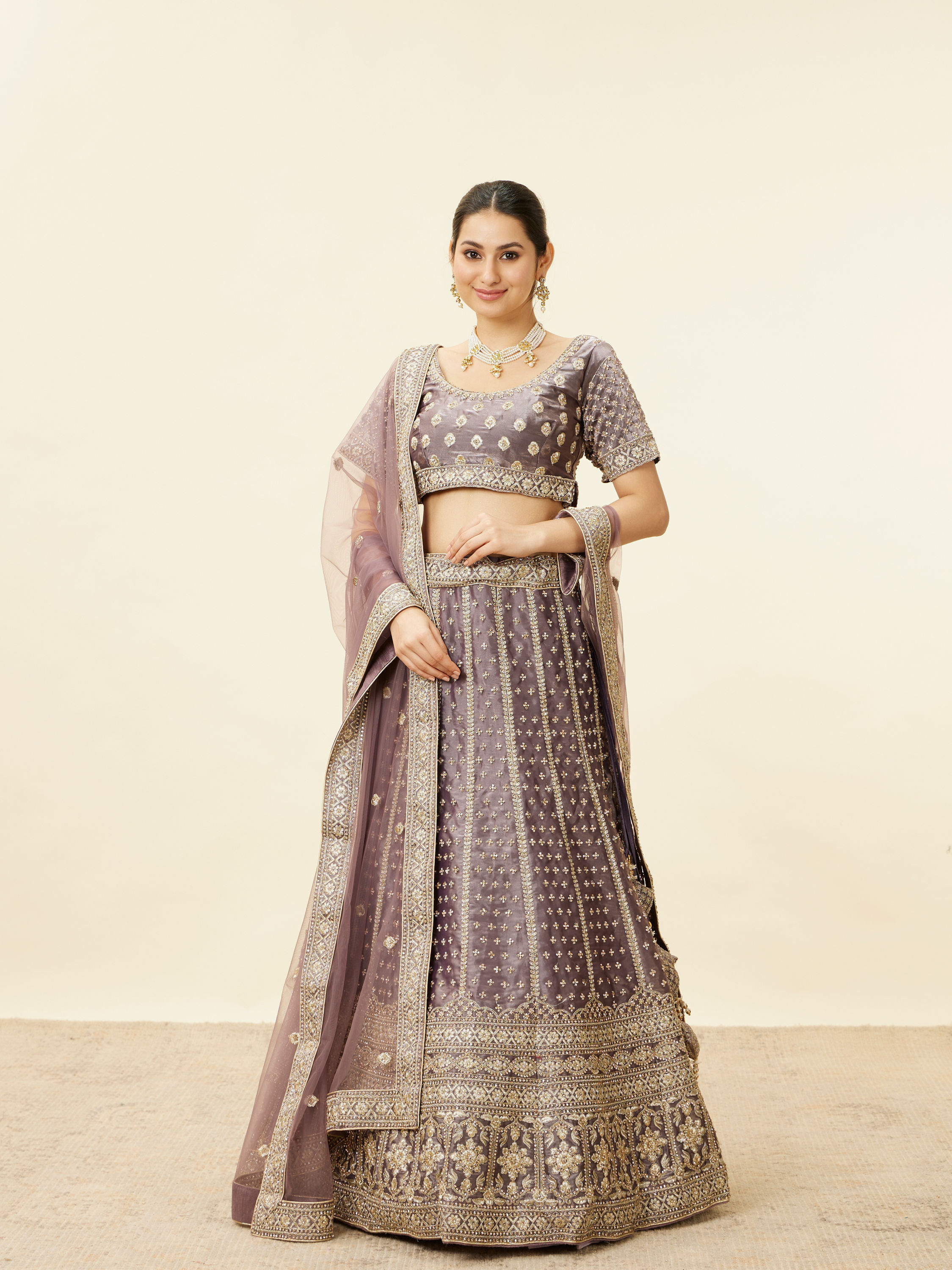Mohey Women Mauve Purple Aari Embroidered Bridal Lehenga