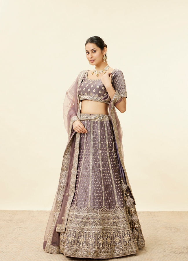 Mohey Women Mauve Purple Aari Embroidered Bridal Lehenga