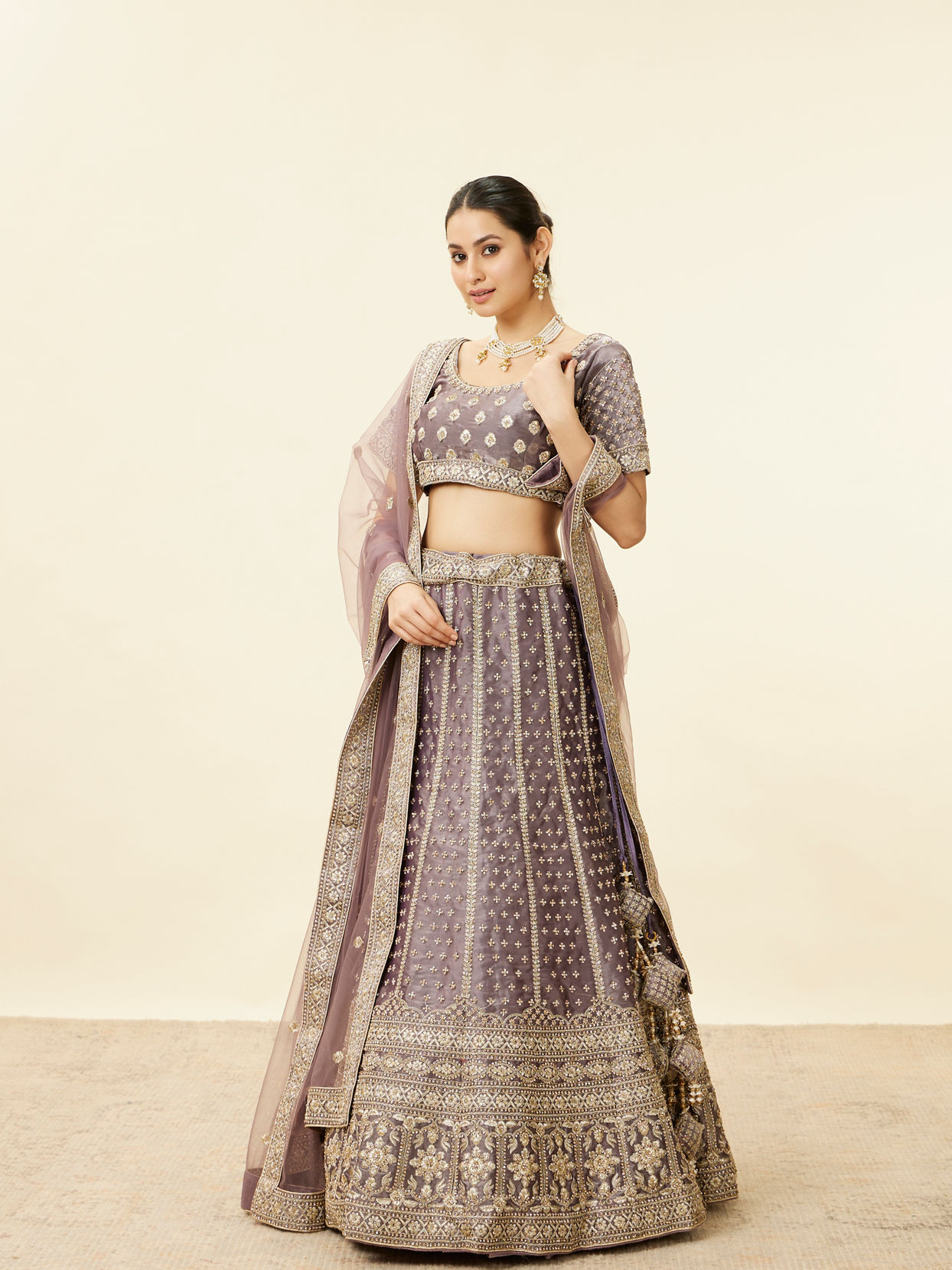 Mohey Women Mauve Purple Aari Embroidered Bridal Lehenga