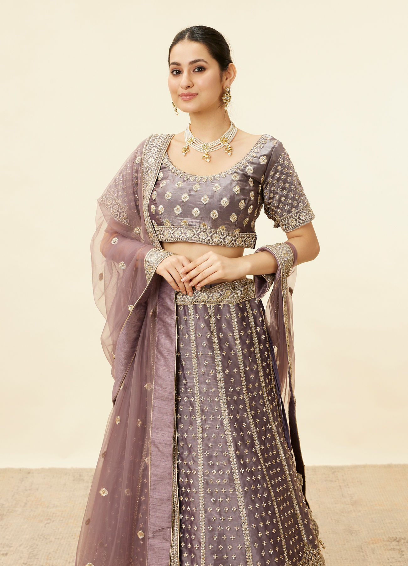 Mohey Women Mauve Purple Aari Embroidered Bridal Lehenga