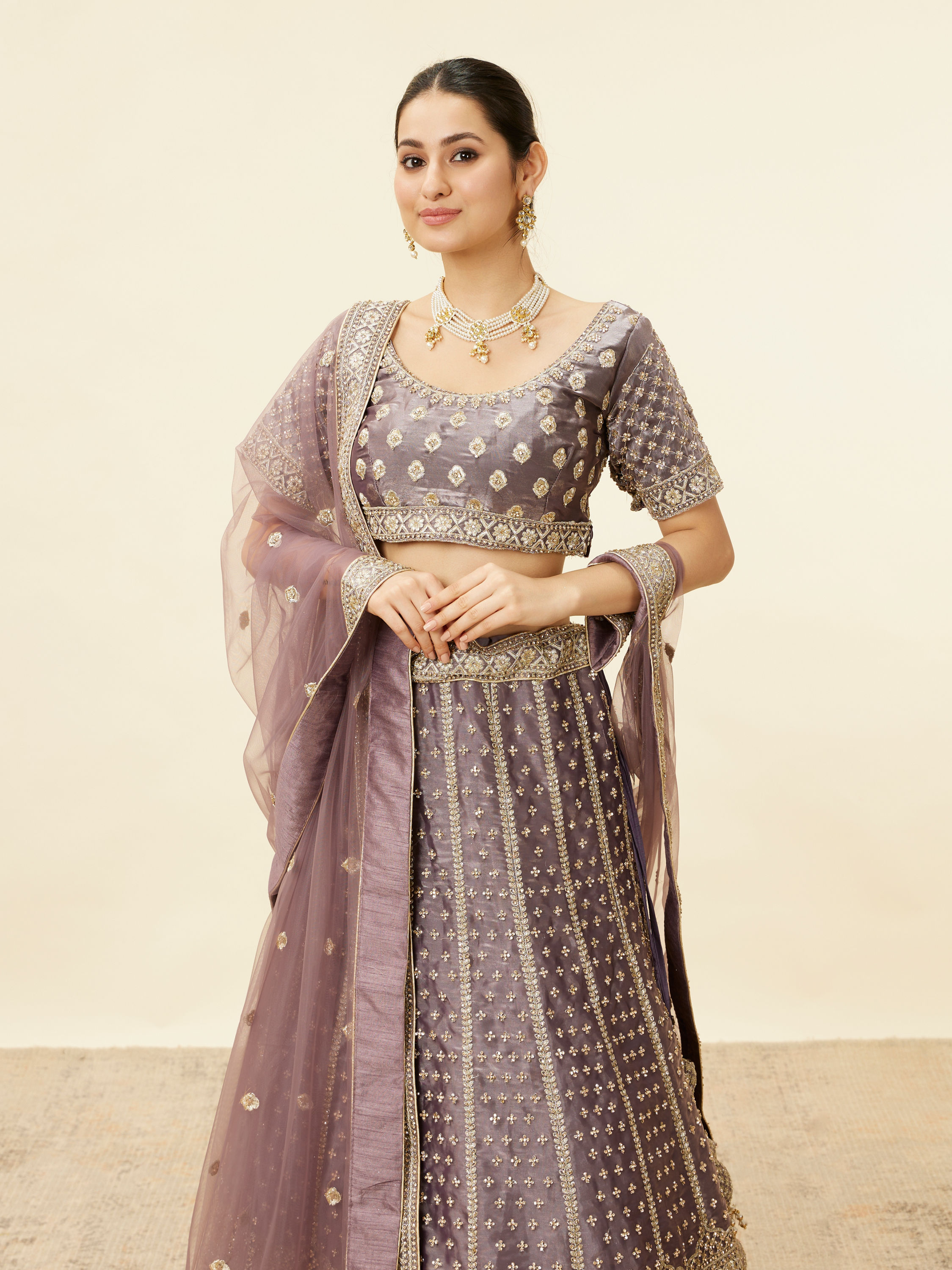 Mohey Women Mauve Purple Aari Embroidered Bridal Lehenga