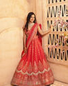 Mohey Women Classic Red Floral Aari Embroidered Bridal Lehenga with Buta Motifs
