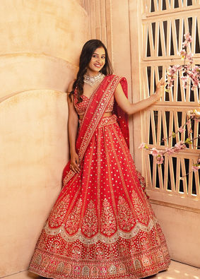 Mohey Women Classic Red Floral Aari Embroidered Bridal Lehenga with Buta Motifs