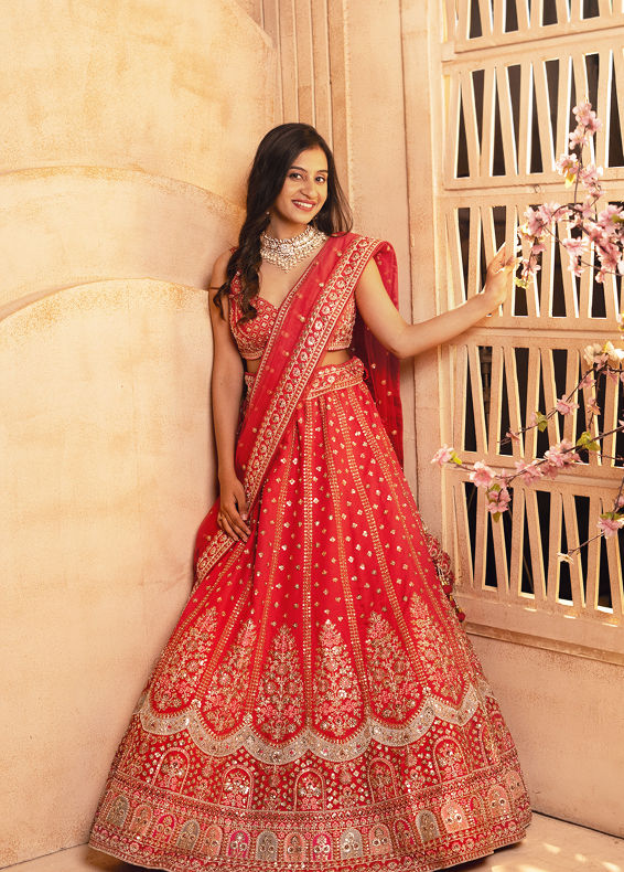 Mohey Women Classic Red Floral Aari Embroidered Bridal Lehenga with Buta Motifs