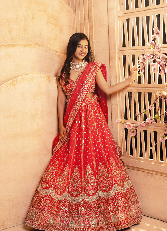 Mohey Women Classic Red Floral Aari Embroidered Bridal Lehenga with Buta Motifs