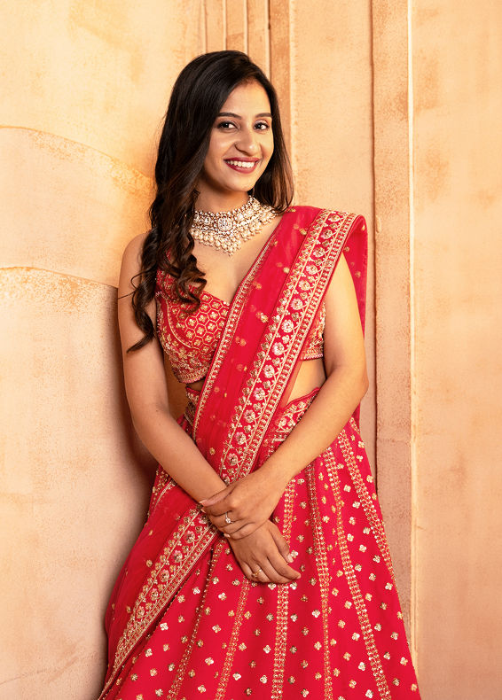 Mohey Women Classic Red Floral Aari Embroidered Bridal Lehenga with Buta Motifs