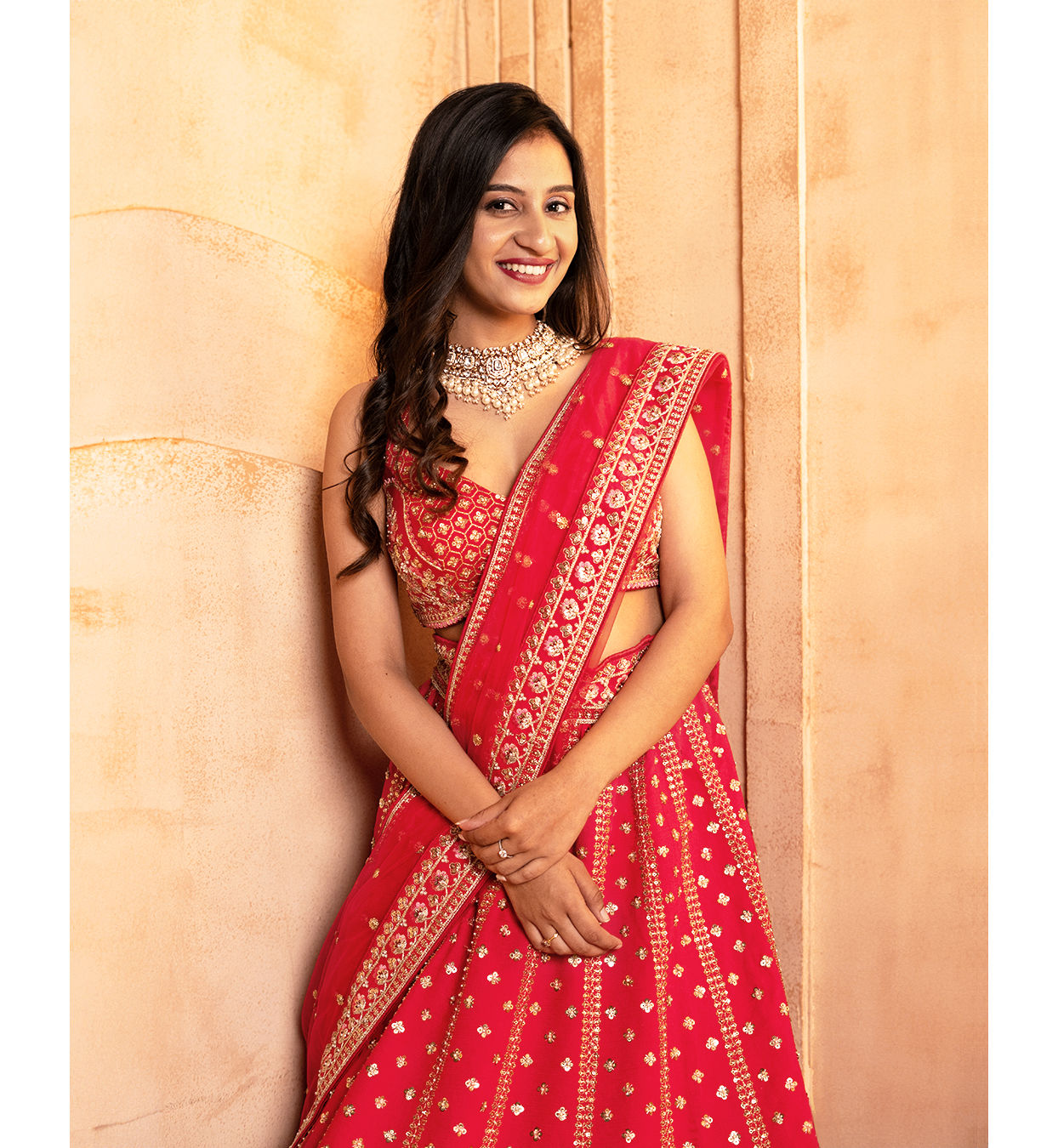 Mohey Women Classic Red Floral Aari Embroidered Bridal Lehenga with Buta Motifs